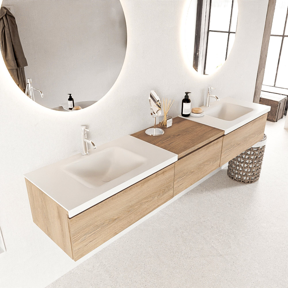 MONDIAZ BUKLA 220cm mueble de baño con módulo 60 Washed Oak 3 cajones. Lavabo CLOUD duble 2 orificios color Talc 1 MONDIAZ BUKLA 220cm mueble de baño con módulo 60 Washed Oak 3 cajones. Lavabo CLOUD duble 2 orificios color Talc