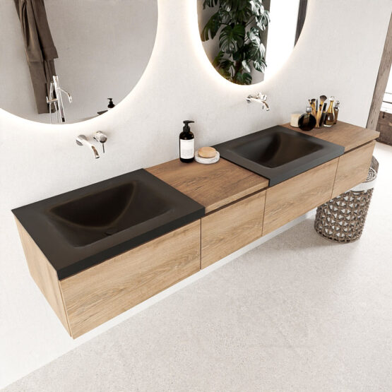 MONDIAZ BUKLA 200cm mueble de baño con módulo 40 izquierda Washed Oak 4 cajones. Lavabo CLOUD duble sin orificios color Urban