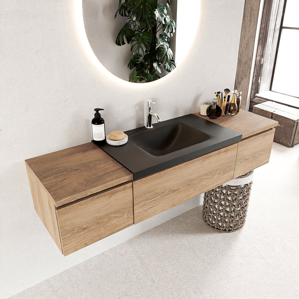 MONDIAZ BUKLA 160cm mueble de baño con módulo 40 Washed Oak 3 cajones. Lavabo CLOUD centro 1 orificio color Urban 1 MONDIAZ BUKLA 160cm mueble de baño con módulo 40 Washed Oak 3 cajones. Lavabo CLOUD centro 1 orificio color Urban