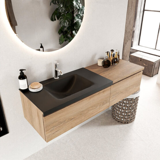 MONDIAZ BUKLA 140cm mueble de baño con módulo 60 Washed Oak 2 cajones. Lavabo CLOUD izquierda 1 orificio color Urban