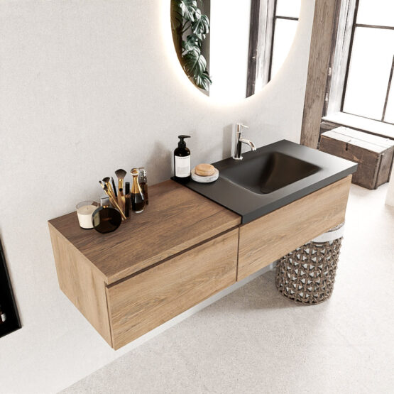 MONDIAZ BUKLA 140cm mueble de baño con módulo 60 Washed Oak 2 cajones. Lavabo CLOUD derecho 1 orificio color Urban