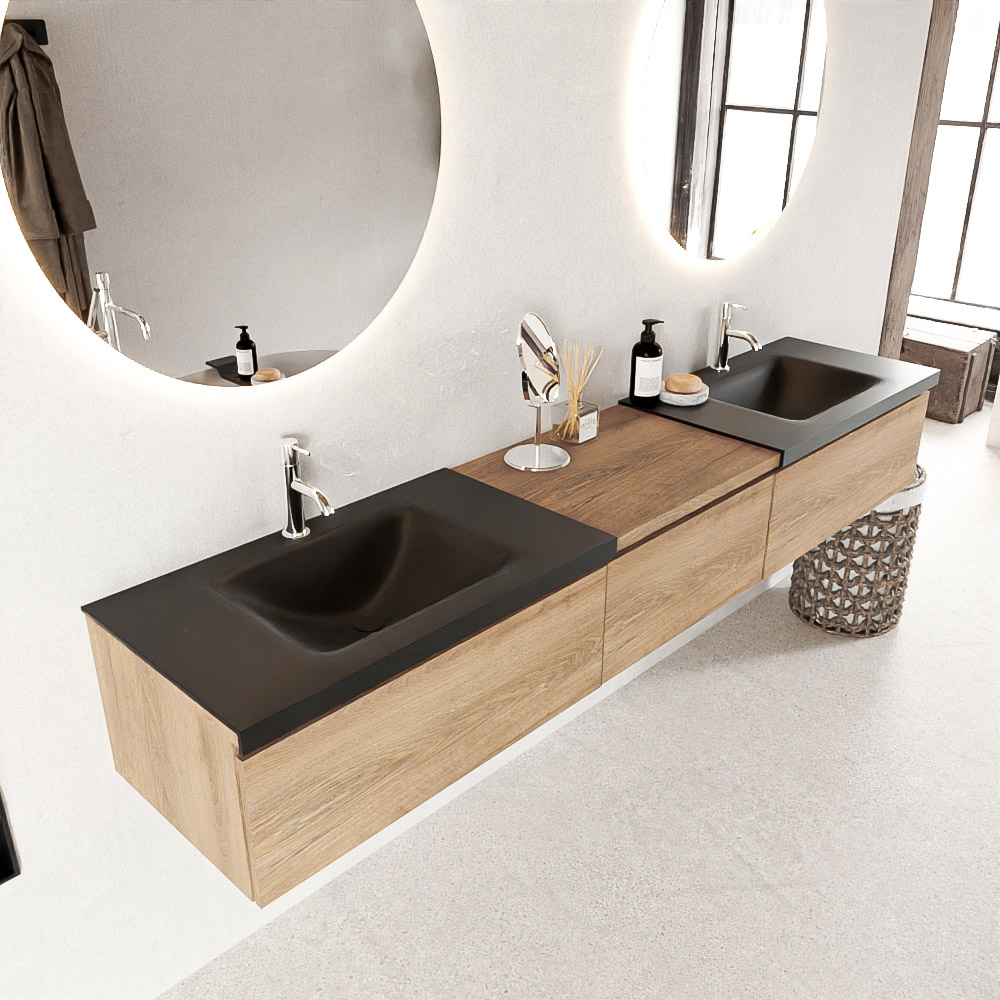MONDIAZ BUKLA 220cm mueble de baño con módulo 60 Washed Oak 3 cajones. Lavabo CLOUD duble 2 orificios color Urban 1 MONDIAZ BUKLA 220cm mueble de baño con módulo 60 Washed Oak 3 cajones. Lavabo CLOUD duble 2 orificios color Urban