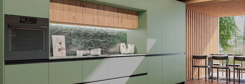 Cocina moderna con gabinetes verdes y diseño minimalista.