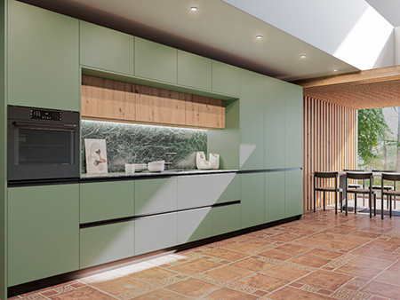 Cocina moderna con gabinetes verdes y diseño minimalista.