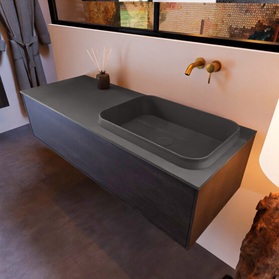 MONDIAZ ERIN 120cm mueble de baño color Antracite 1 cajón. Lavabo RIDGE Derecho sin orificio color Dark Grey.