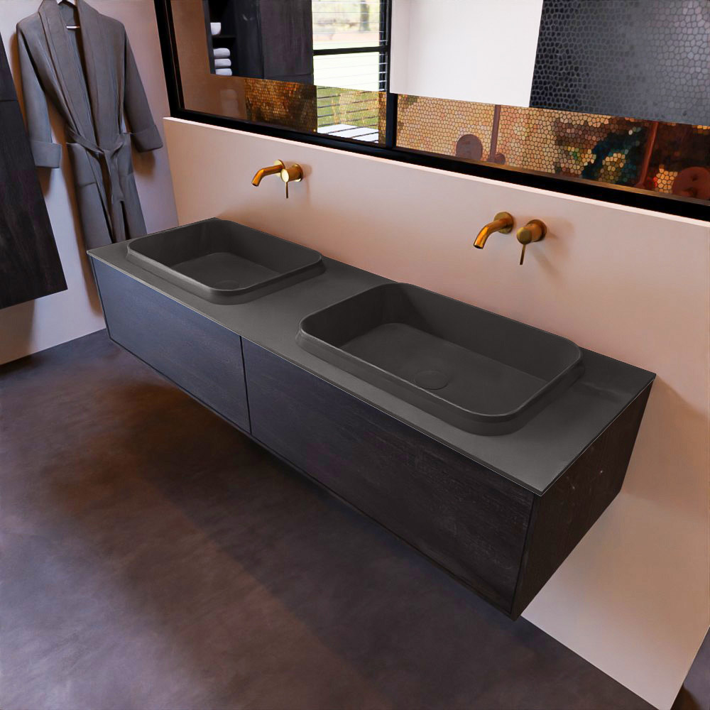 MONDIAZ ERIN 150cm mueble de baño color Antracite 2 cajones. Lavabo RIDGE Doble sin orificio color Dark Grey. 1 MONDIAZ ERIN 150cm mueble de baño color Antracite 2 cajones. Lavabo RIDGE Doble sin orificio color Dark Grey.
