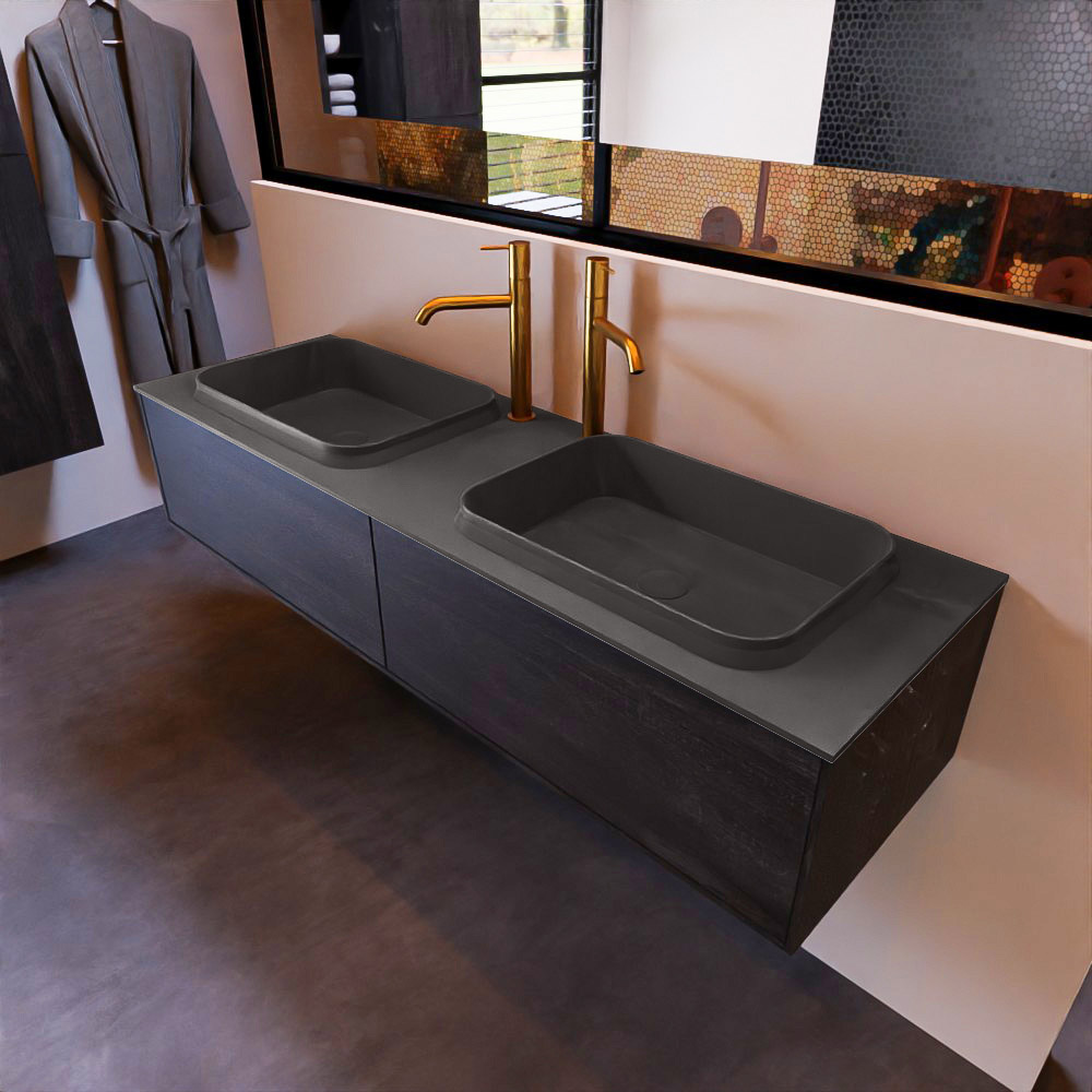 MONDIAZ ERIN 150cm mueble de baño color Antracite 2 cajones. Lavabo RIDGE Doble 2 orificios color Dark Grey. 1 MONDIAZ ERIN 150cm mueble de baño color Antracite 2 cajones. Lavabo RIDGE Doble 2 orificios color Dark Grey.