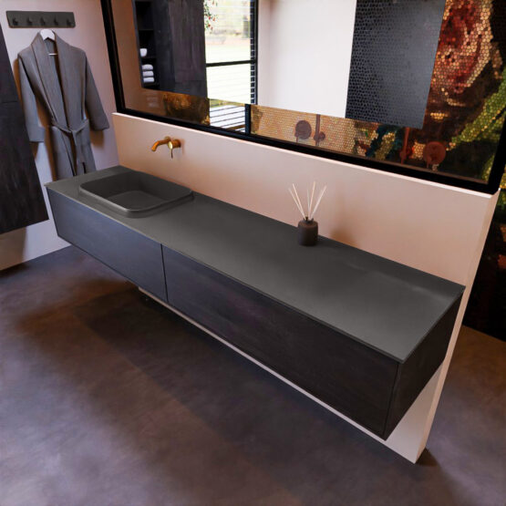 MONDIAZ ERIN 200cm mueble de baño color Antracite 2 cajones. Lavabo RIDGE Izquierda sin orificio color Dark Grey.