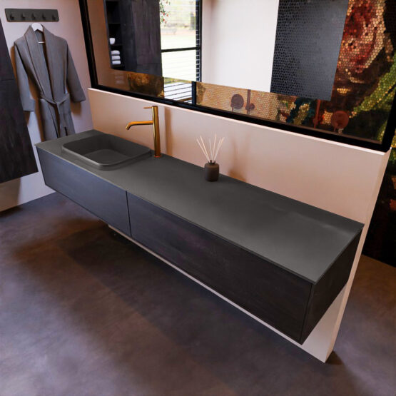 MONDIAZ ERIN 200cm mueble de baño color Antracite 2 cajones. Lavabo RIDGE Izquierda 1 orificio color Dark Grey.