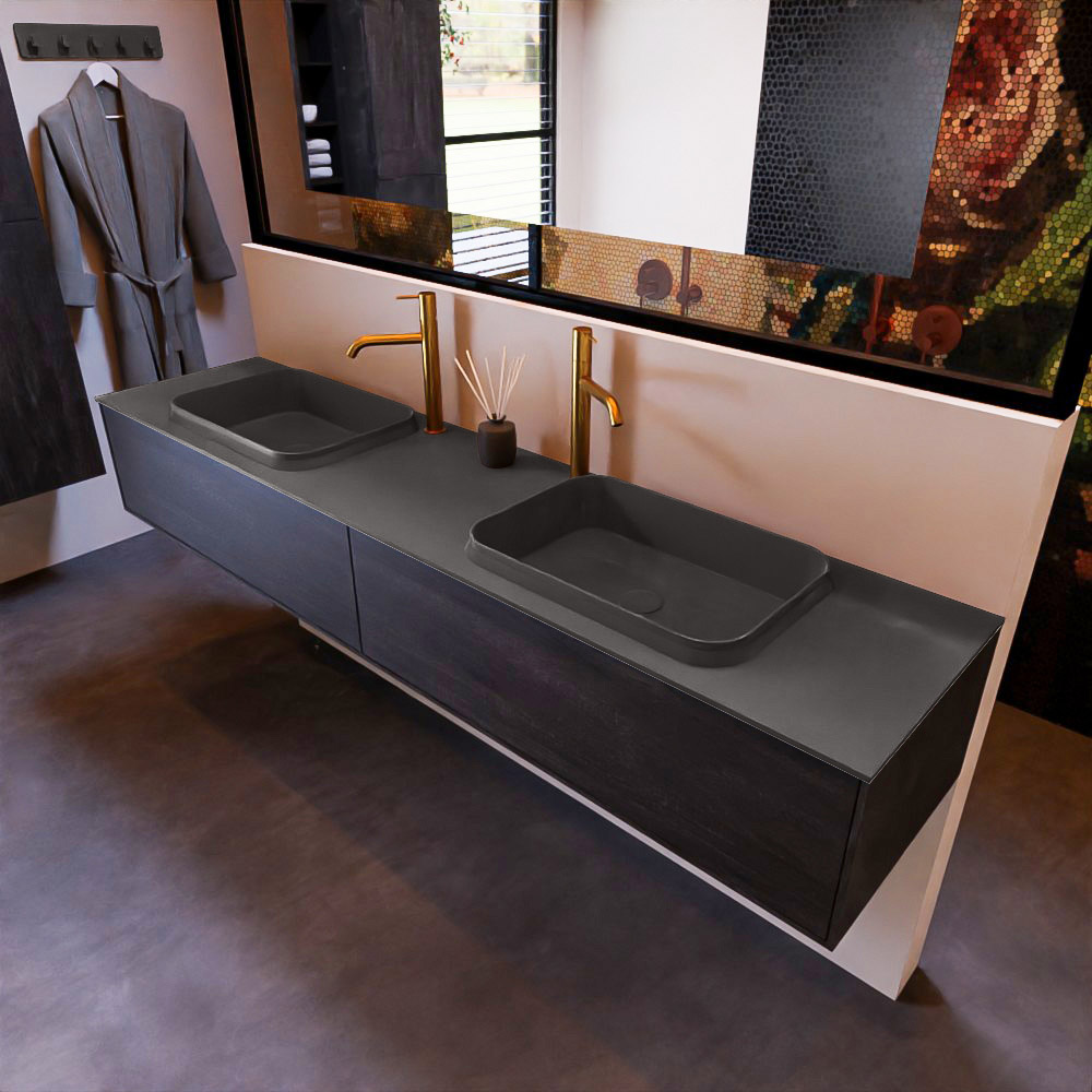 MONDIAZ ERIN 200cm mueble de baño color Antracite 2 cajones. Lavabo RIDGE Doble 2 orificios color Dark Grey. 1 MONDIAZ ERIN 200cm mueble de baño color Antracite 2 cajones. Lavabo RIDGE Doble 2 orificios color Dark Grey.