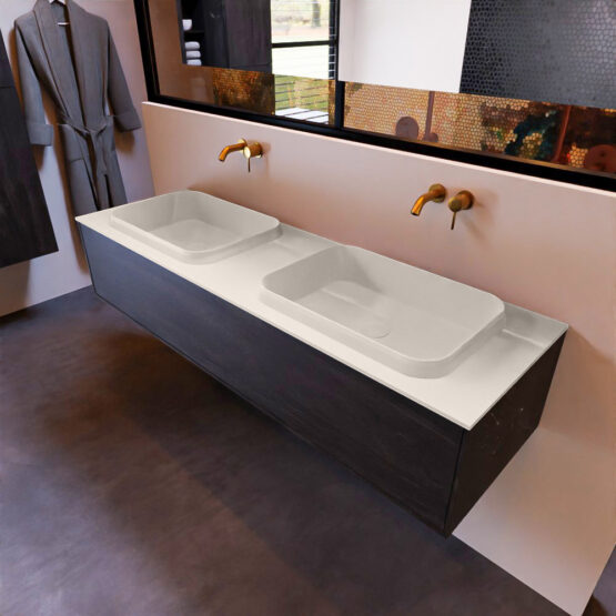 MONDIAZ ERIN 150cm mueble de baño color Antracite 1 cajón. Lavabo RIDGE Doble sin orificio color Linen.
