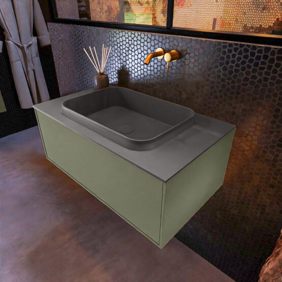 MONDIAZ ERIN 80cm mueble de baño color Army 1 cajón. Lavabo RIDGE Centro sin orificio color Dark Grey.
