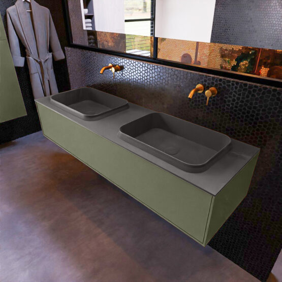 MONDIAZ ERIN 150cm mueble de baño color Army 1 cajón. Lavabo RIDGE Doble sin orificio color Dark Grey.