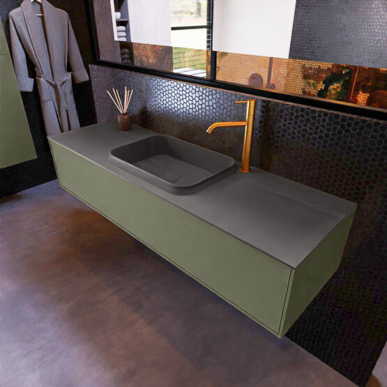 MONDIAZ ERIN 150cm mueble de baño color Army 1 cajón. Lavabo RIDGE Centro 1 orificio color Dark Grey.