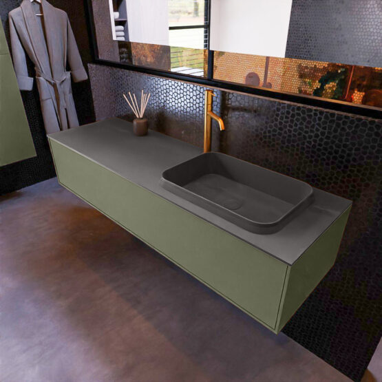 MONDIAZ ERIN 150cm mueble de baño color Army 1 cajón. Lavabo RIDGE Derecho 1 orificio color Dark Grey.