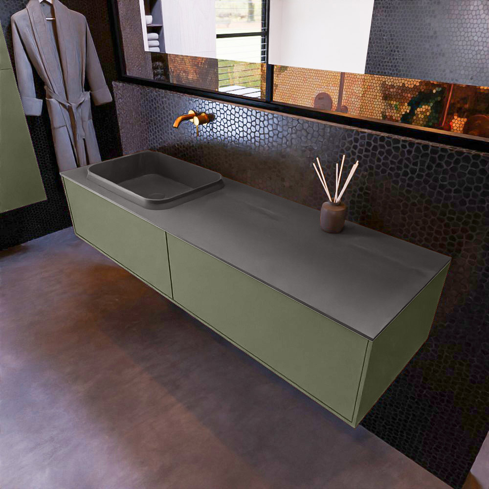 MONDIAZ ERIN 150cm mueble de baño color Army 2 cajones. Lavabo RIDGE Izquierda sin orificio color Dark Grey. 1 MONDIAZ ERIN 150cm mueble de baño color Army 2 cajones. Lavabo RIDGE Izquierda sin orificio color Dark Grey.