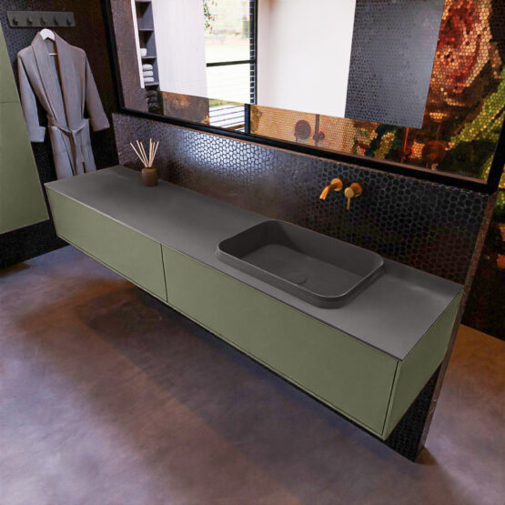 MONDIAZ ERIN 200cm mueble de baño color Army 2 cajones. Lavabo RIDGE Derecho sin orificio color Dark Grey.