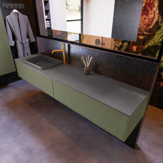 MONDIAZ ERIN 200cm mueble de baño color Army 2 cajones. Lavabo RIDGE Izquierda 1 orificio color Dark Grey.