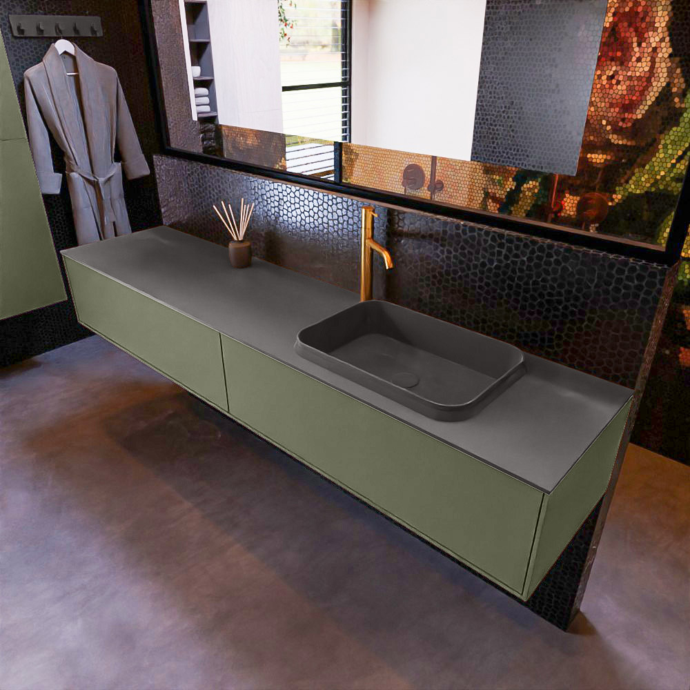 MONDIAZ ERIN 200cm mueble de baño color Army 2 cajones. Lavabo RIDGE Derecho 1 orificio color Dark Grey. 1 MONDIAZ ERIN 200cm mueble de baño color Army 2 cajones. Lavabo RIDGE Derecho 1 orificio color Dark Grey.