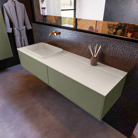 MONDIAZ ERIN 150cm mueble de baño color Army 2 cajones. Lavabo RIDGE Izquierda sin orificio color Linen.