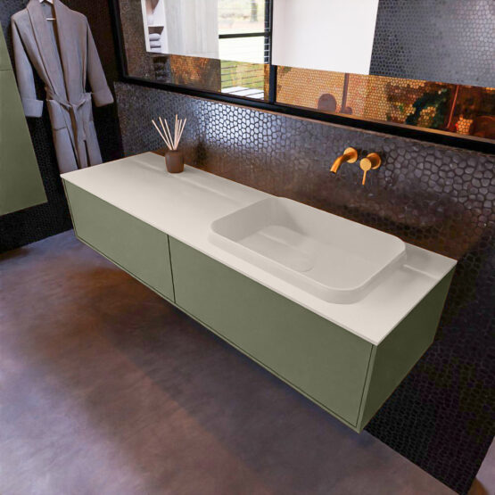 MONDIAZ ERIN 150cm mueble de baño color Army 2 cajones. Lavabo RIDGE Derecho sin orificio color Linen.