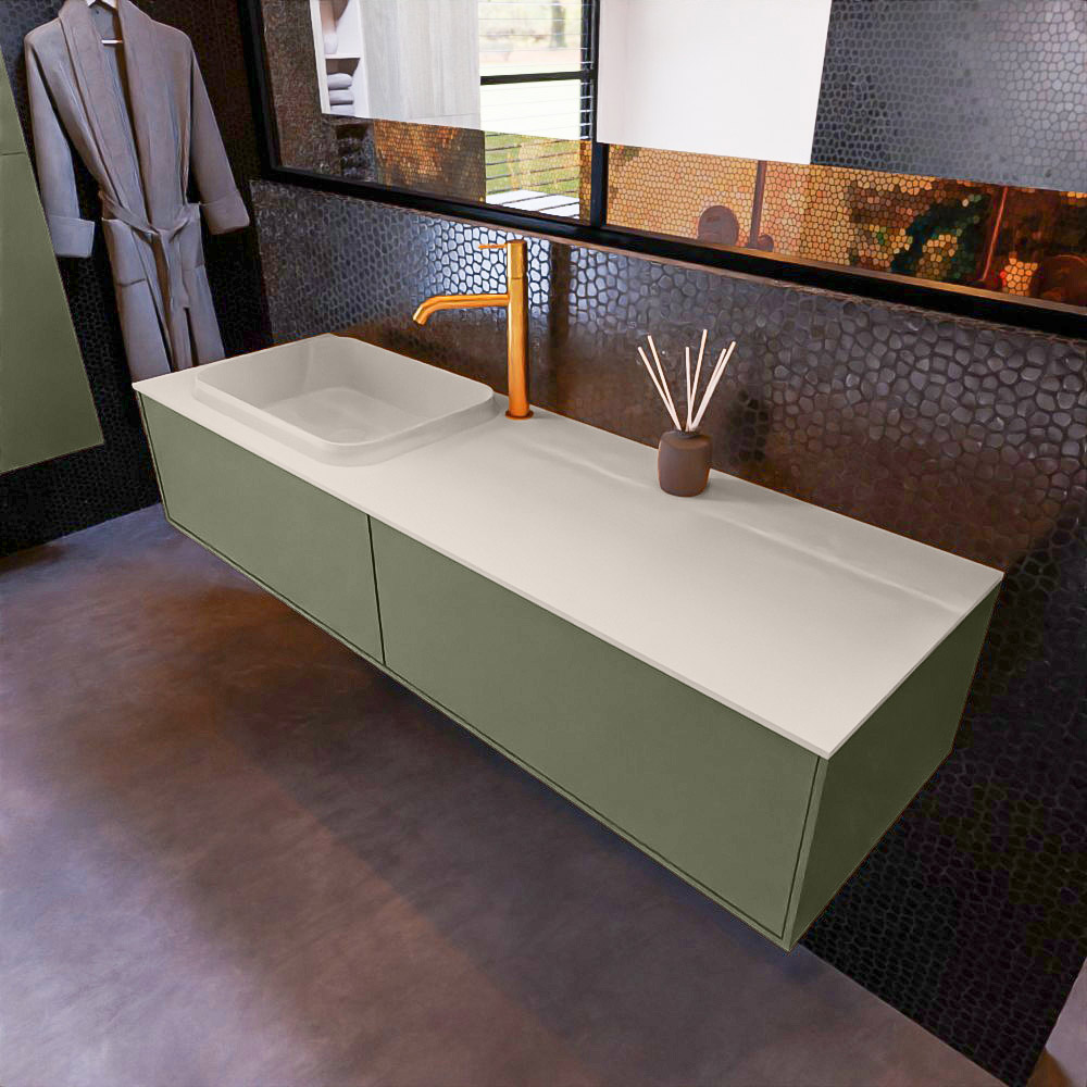 MONDIAZ ERIN 150cm mueble de baño color Army 2 cajones. Lavabo RIDGE Izquierda 1 orificio color Linen. 1 MONDIAZ ERIN 150cm mueble de baño color Army 2 cajones. Lavabo RIDGE Izquierda 1 orificio color Linen.