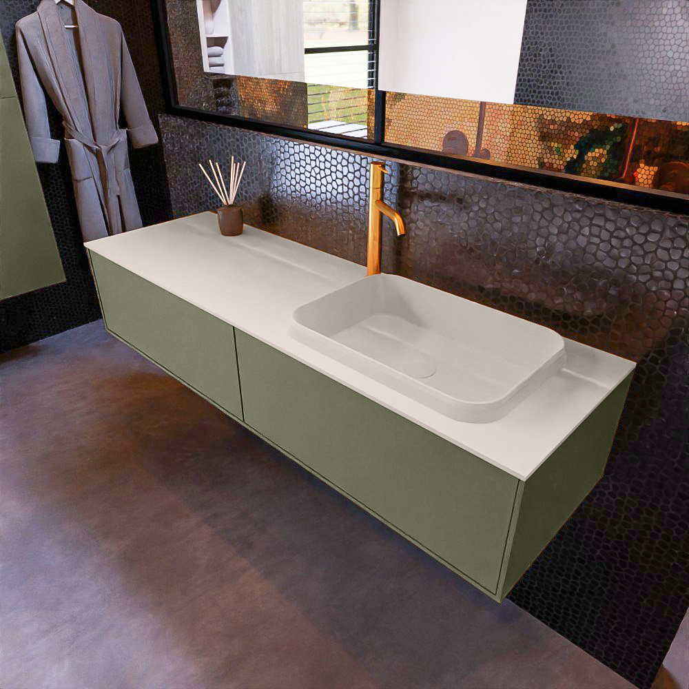 MONDIAZ ERIN 150cm mueble de baño color Army 2 cajones. Lavabo RIDGE Derecho 1 orificio color Linen. 1 MONDIAZ ERIN 150cm mueble de baño color Army 2 cajones. Lavabo RIDGE Derecho 1 orificio color Linen.