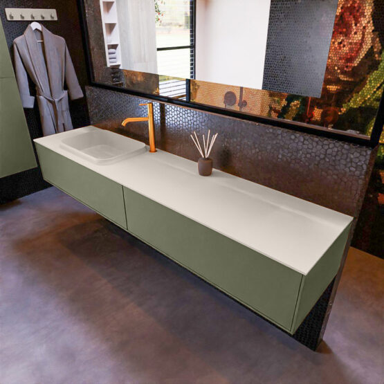 MONDIAZ ERIN 200cm mueble de baño color Army 2 cajones. Lavabo RIDGE Izquierda 1 orificio color Linen.