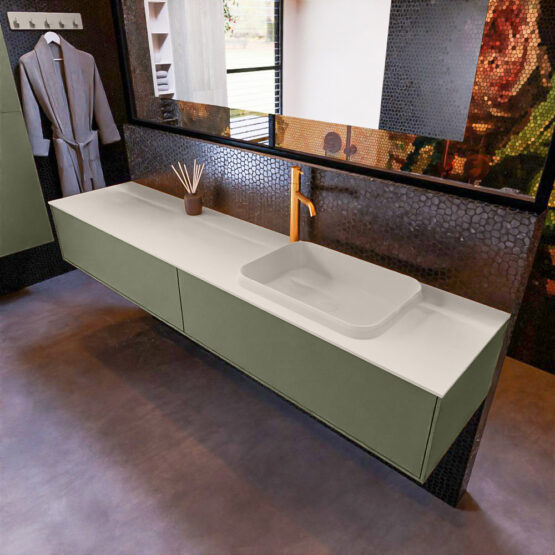 MONDIAZ ERIN 200cm mueble de baño color Army 2 cajones. Lavabo RIDGE Derecho 1 orificio color Linen.