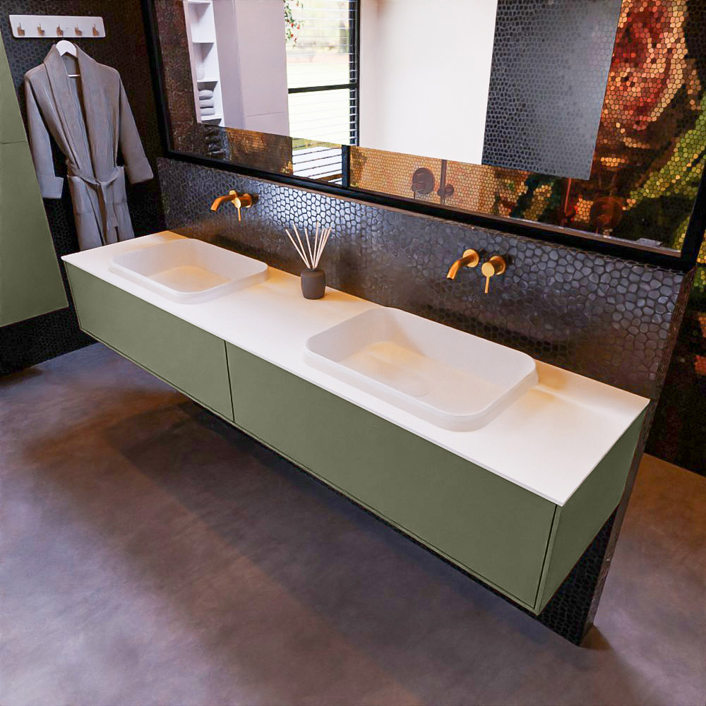 MONDIAZ ERIN 200cm mueble de baño color Army 2 cajones. Lavabo RIDGE Doble sin orificio color Talc. 1 MONDIAZ ERIN 200cm mueble de baño color Army 2 cajones. Lavabo RIDGE Doble sin orificio color Talc.