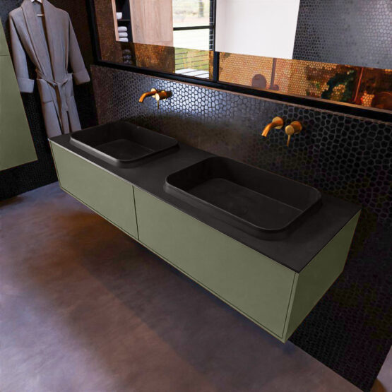 MONDIAZ ERIN 150cm mueble de baño color Army 2 cajones. Lavabo RIDGE Doble sin orificio color Urban.