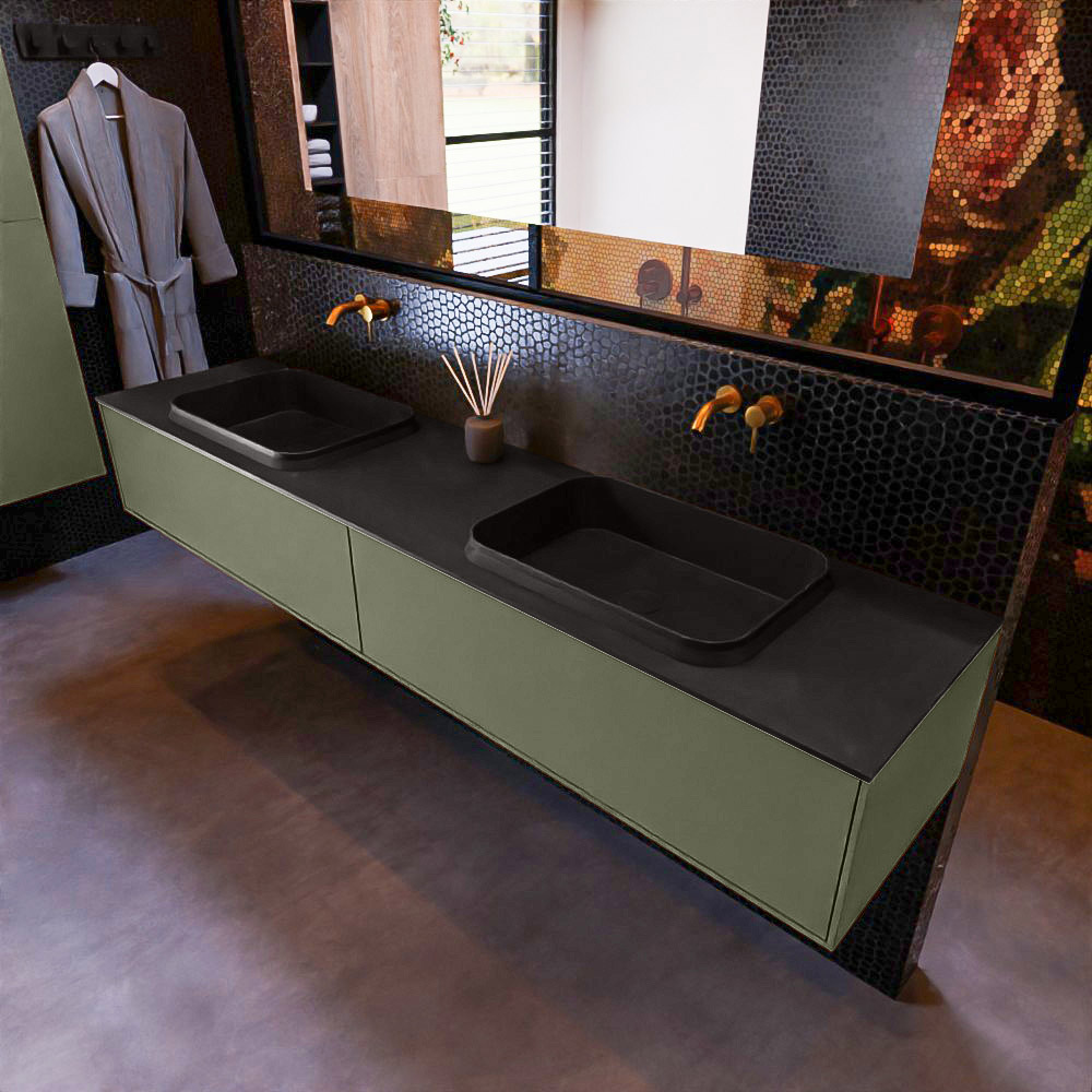 MONDIAZ ERIN 200cm mueble de baño color Army 2 cajones. Lavabo RIDGE Doble sin orificio color Urban. 1 MONDIAZ ERIN 200cm mueble de baño color Army 2 cajones. Lavabo RIDGE Doble sin orificio color Urban.