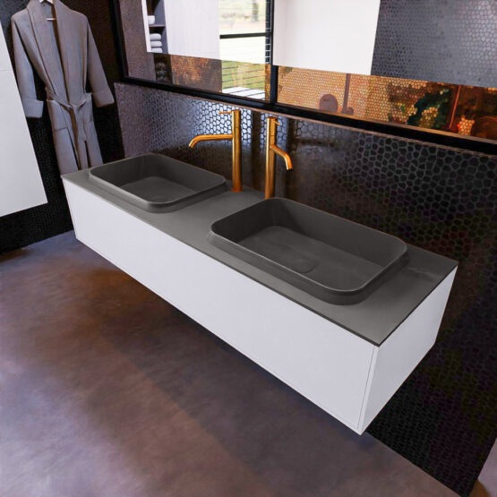 MONDIAZ ERIN 150cm mueble de baño color Cale 1 cajón. Lavabo RIDGE Doble 2 orificios color Dark Grey.