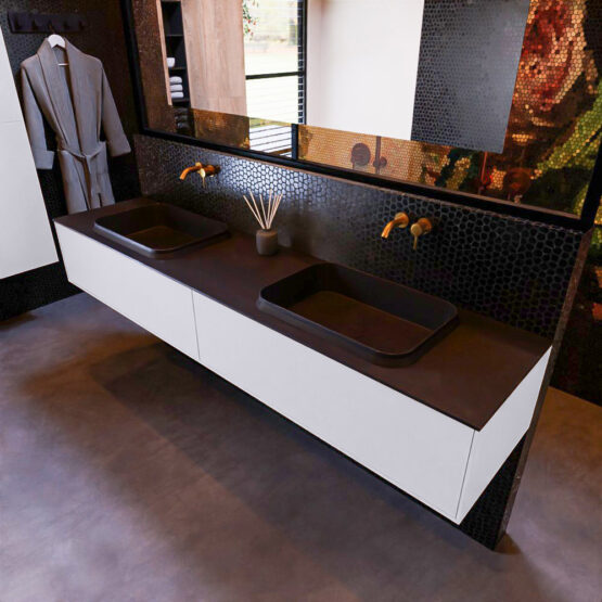 MONDIAZ ERIN 200cm mueble de baño color Cale 2 cajones. Lavabo RIDGE Doble sin orificio color Urban.