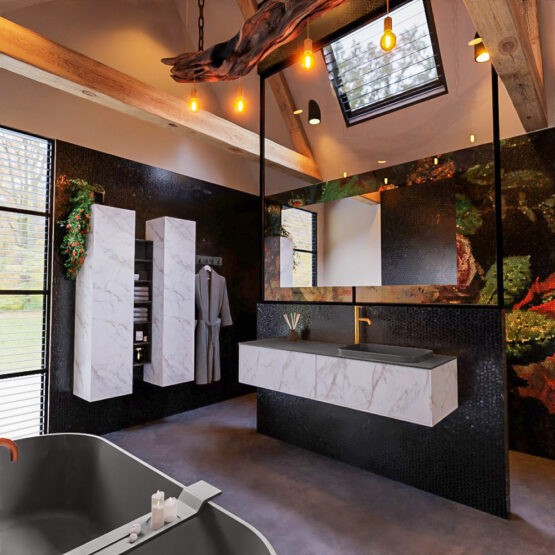 MONDIAZ ERIN 150cm mueble de baño color Carrara 2 cajones. Lavabo RIDGE Derecho 1 orificio color Dark Grey.