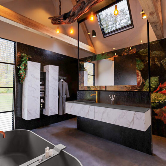 MONDIAZ ERIN 200cm mueble de baño color Carrara 2 cajones. Lavabo RIDGE Izquierda 1 orificio color Dark Grey.