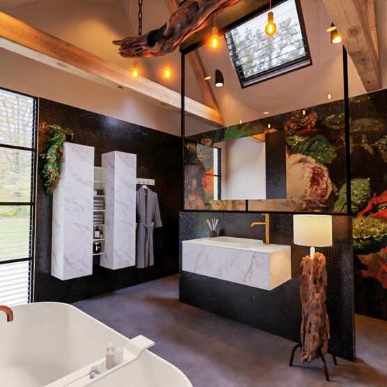 MONDIAZ ERIN 100cm mueble de baño color Carrara 1 cajón. Lavabo RIDGE Centro 1 orificio color Linen.