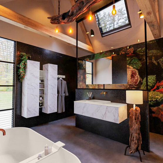 MONDIAZ ERIN 120cm mueble de baño color Carrara 1 cajón. Lavabo RIDGE Centro sin orificio color Linen.