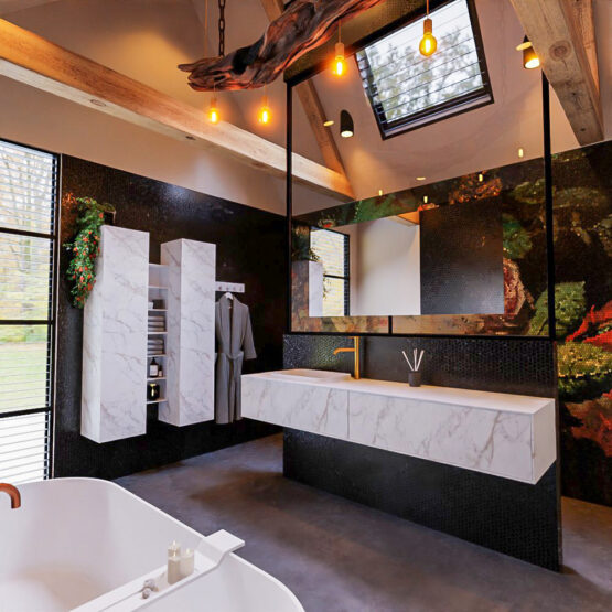 MONDIAZ ERIN 200cm mueble de baño color Carrara 2 cajones. Lavabo RIDGE Izquierda 1 orificio color Talc.