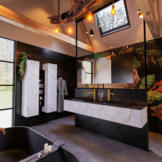 MONDIAZ ERIN 200cm mueble de baño color Carrara 2 cajones. Lavabo RIDGE Doble 2 orificios color Urban.