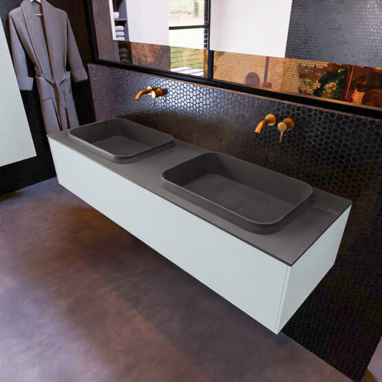 MONDIAZ ERIN 150cm mueble de baño color Clay 1 cajón. Lavabo RIDGE Doble sin orificio color Dark Grey.
