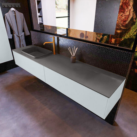 MONDIAZ ERIN 200cm mueble de baño color Clay 2 cajones. Lavabo RIDGE Izquierda 1 orificio color Dark Grey.