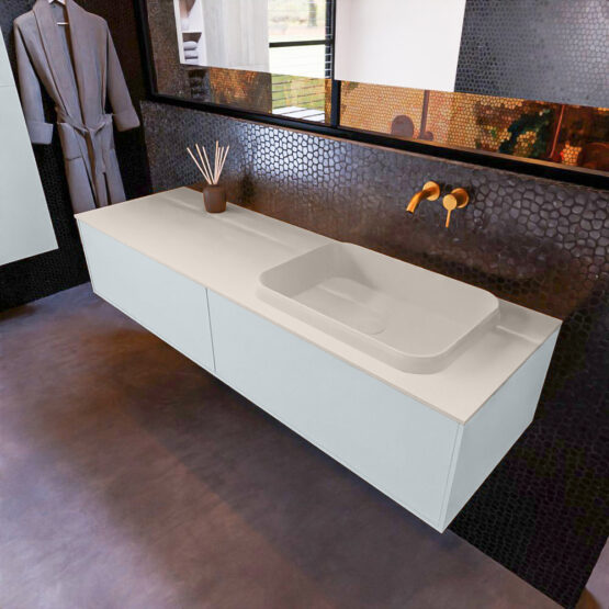 MONDIAZ ERIN 150cm mueble de baño color Clay 2 cajones. Lavabo RIDGE Derecho sin orificio color Linen.