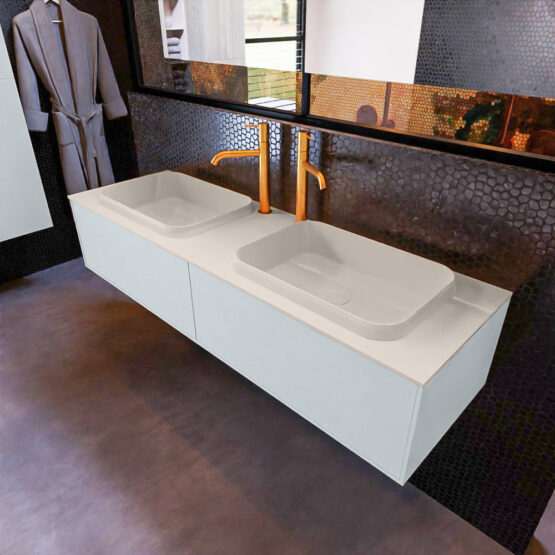 MONDIAZ ERIN 150cm mueble de baño color Clay 2 cajones. Lavabo RIDGE Doble 2 orificios color Linen.