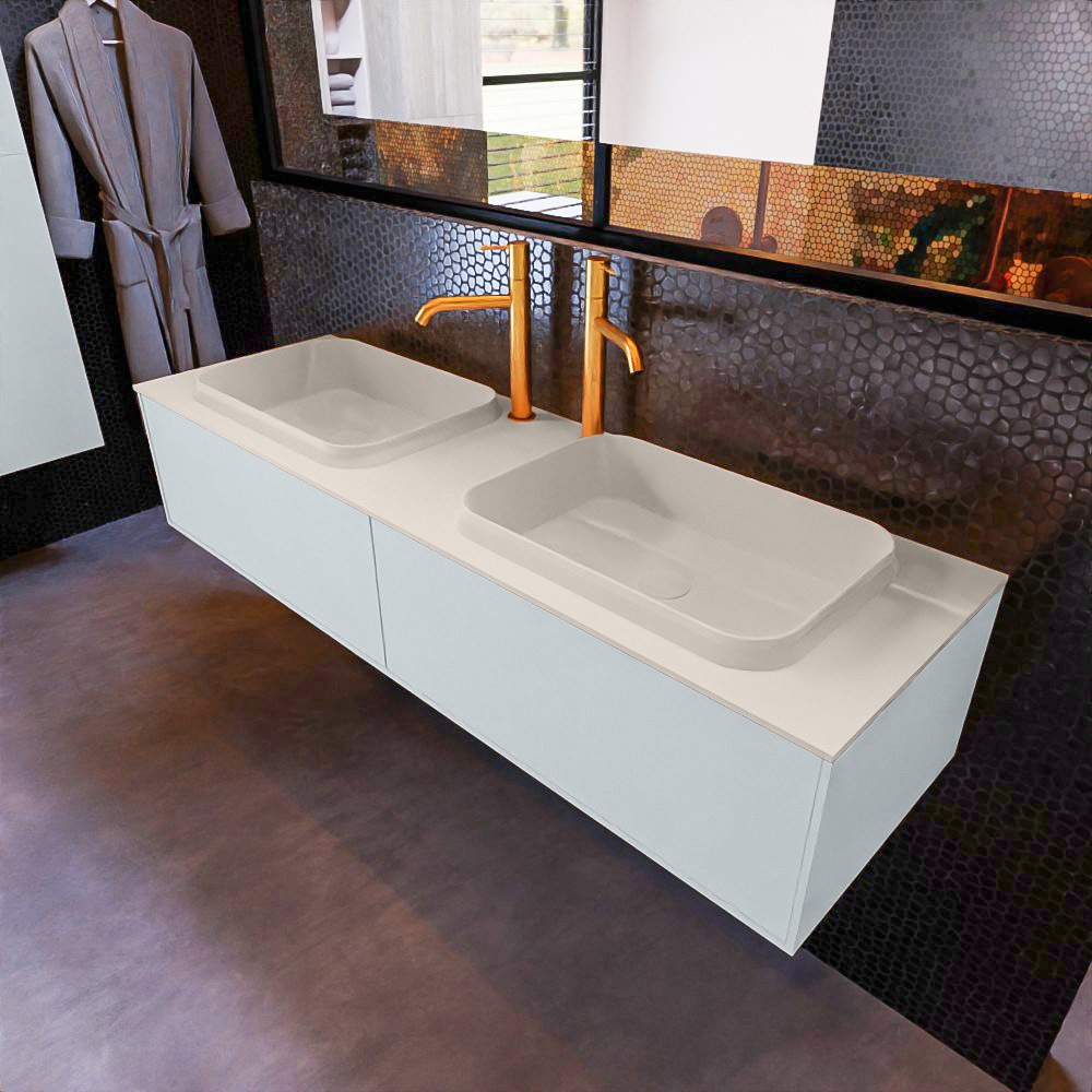 MONDIAZ ERIN 150cm mueble de baño color Clay 2 cajones. Lavabo RIDGE Doble 2 orificios color Linen. 1 MONDIAZ ERIN 150cm mueble de baño color Clay 2 cajones. Lavabo RIDGE Doble 2 orificios color Linen.