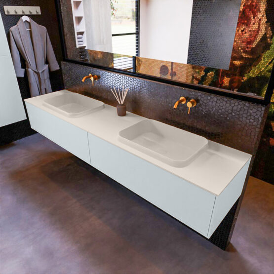 MONDIAZ ERIN 200cm mueble de baño color Clay 2 cajones. Lavabo RIDGE Doble sin orificio color Linen.