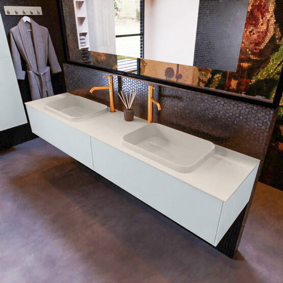 MONDIAZ ERIN 200cm mueble de baño color Clay 2 cajones. Lavabo RIDGE Doble 2 orificios color Linen.