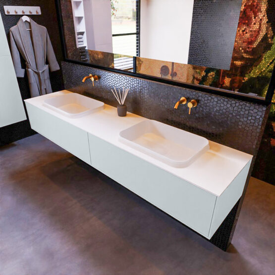 MONDIAZ ERIN 200cm mueble de baño color Clay 2 cajones. Lavabo RIDGE Doble sin orificio color Talc.