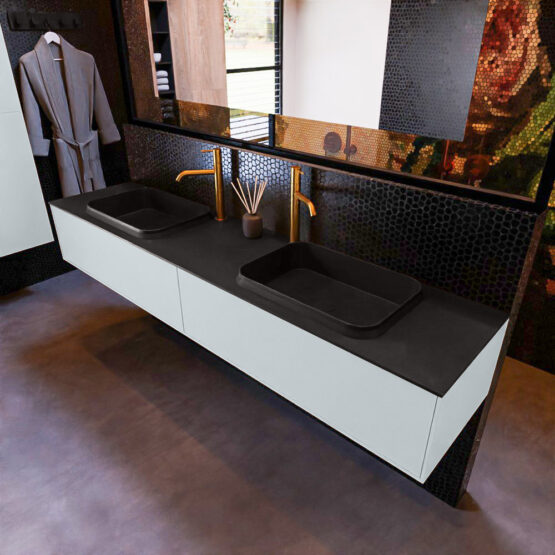 MONDIAZ ERIN 200cm mueble de baño color Clay 2 cajones. Lavabo RIDGE Doble 2 orificios color Urban.