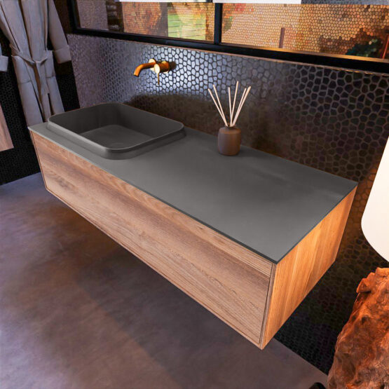 MONDIAZ ERIN 120cm mueble de baño color Dark Brown Grey 1 cajón. Lavabo RIDGE Izquierda sin orificio color Dark Grey.